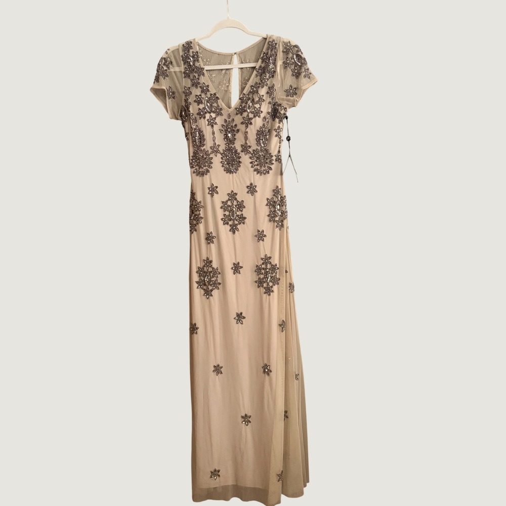 Adrianna Papell Beaded Mesh Gown NWT Silver Taupe Cap Sleeve Maxi Dress 4